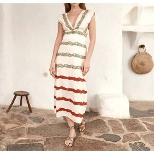 NEW JUAN DE DIOS women's quinto sol cotton midi dress in ivory stripe helechos